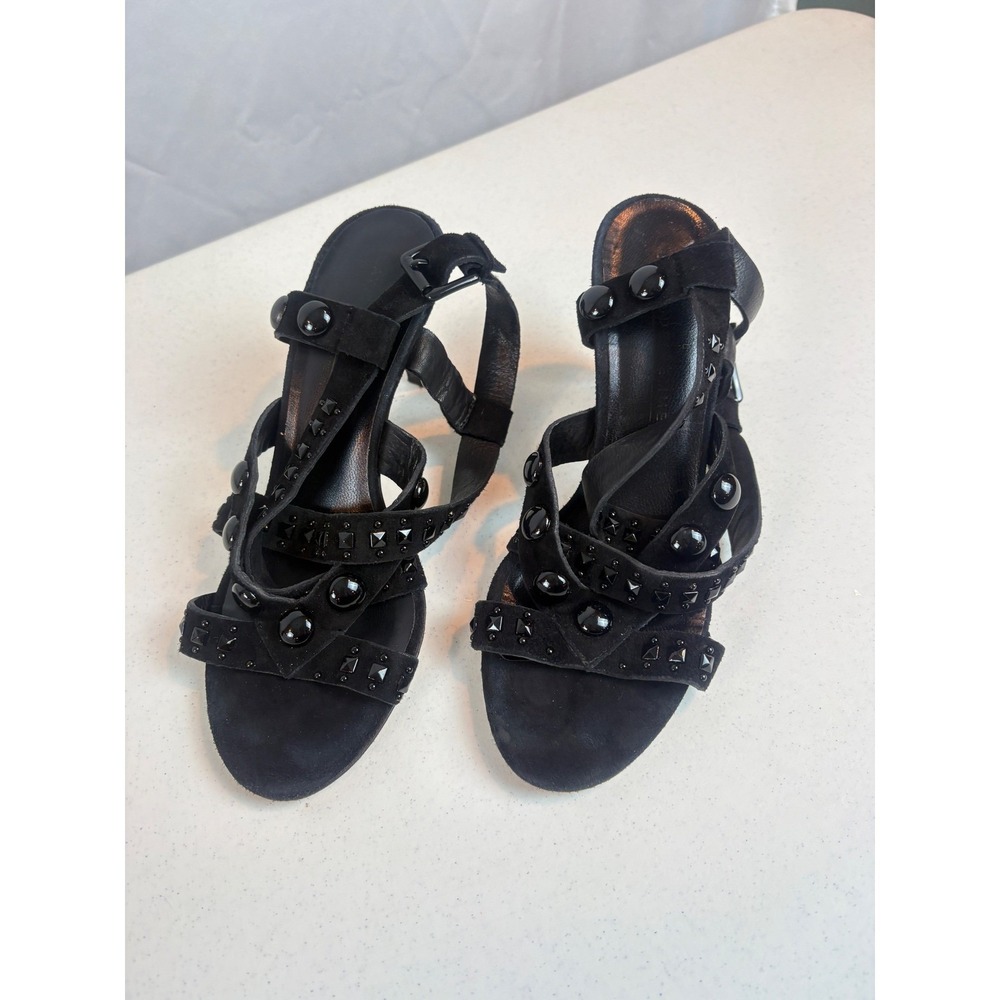 Vero Cuoio Black Suede Studded Strappy High Heel Sandals Made in Italy Size 37.5